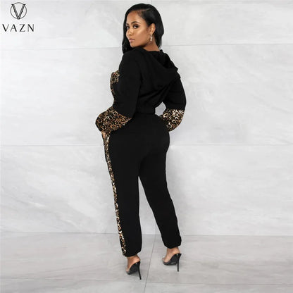 VAZN 2023 New Fashion Lady Casual Street Style 2 Piece Sets Long Sleeve Zipper Top Elastic Long Pants Leopard Grain Women Sets