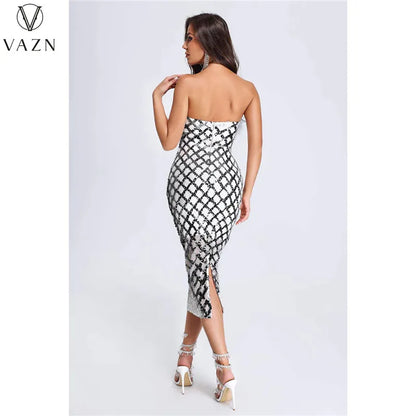 VAZN 2023 New Luxury Designer Young Sexy Club Patchwork Strapless Sleeveless Backless Women High Waist Long Pencil Dress