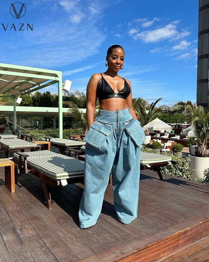 VAZN 2023 Hot Popular Denim Loose Set Solid Young Lazy High-end Full Sleeve Safari Style + Long Wide Leg Pants Women 2 Piece Set