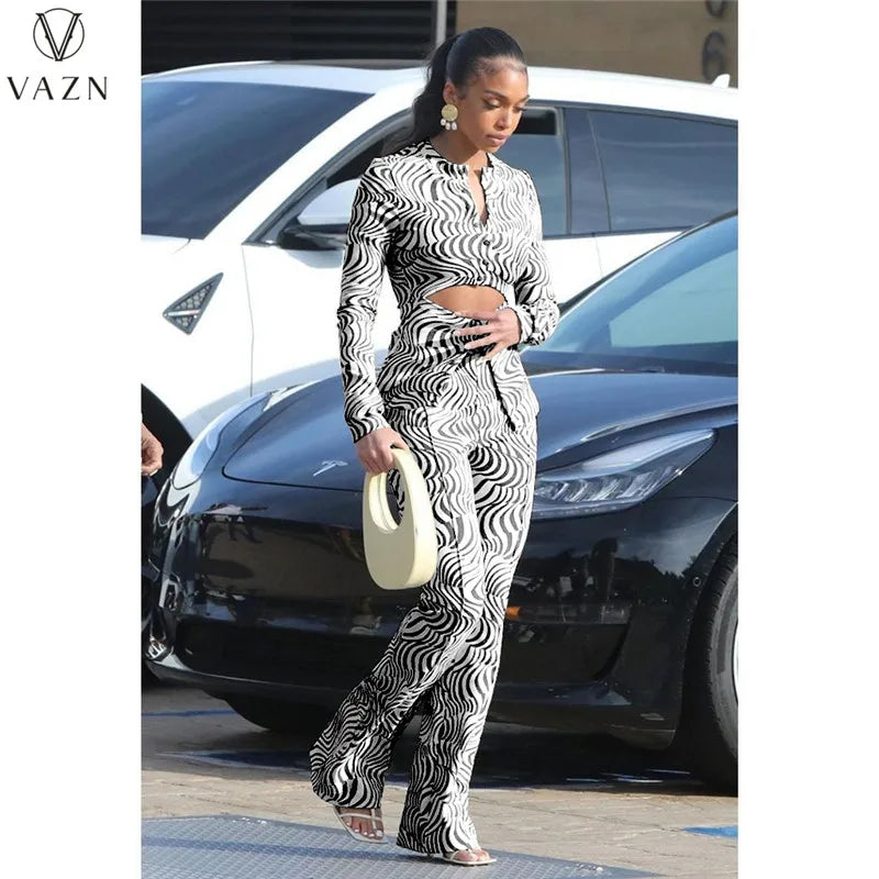 VAZN New 2022 Fashion Casual Street Style Women Suit Long Sleeve Hollow Out Top Elastic Long Pants Printed Lady Two Piece Set