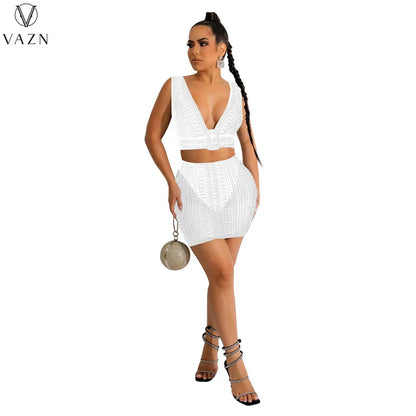 VAZN 2022 Sexy Club Party Style Women Suit Sleeveless Dew Waist Top Elastic Mini Short Skirt Hot Drilling Pure Color 2 Piece Set