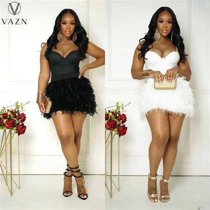 VAZN 2023 Hot Sale Sexy Street Style Women Sets Sleeveless Strapless Jumpsuits Elastic Mini Short Skirt Lady 2 Piece Sets