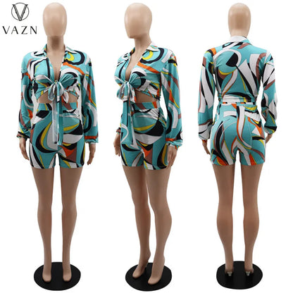 VAZN 2023 New Street Casual Style Women Sets Long Sleeve Lapel Top Elastic Short Pants Lady Printed Lady Two Piece Set