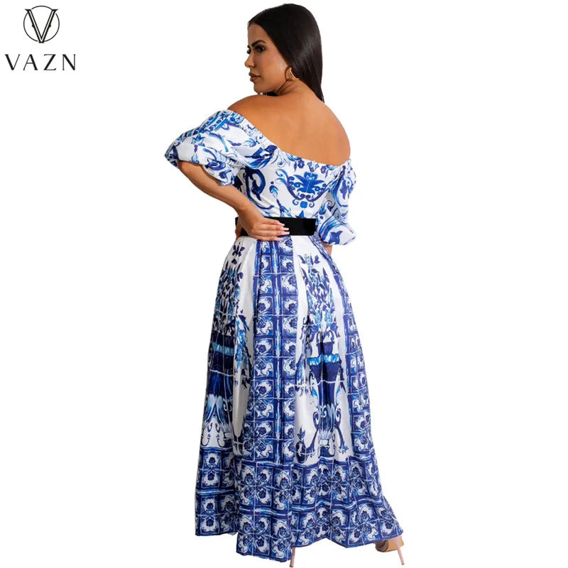 VAZN 2023 Hot Sale Women New High Street Style Long Dress Short Sleeve Card Shoulder Dress Printed Lady Floor Length Dress