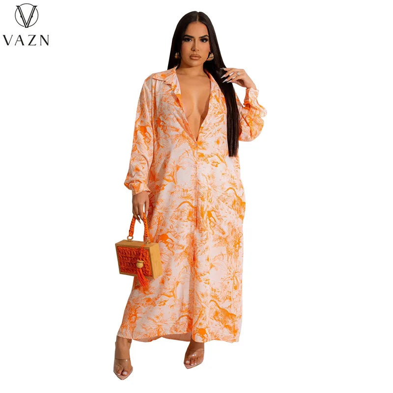 VAZN 2023 Printed Lady Long Dresses Hot Sale Long Sleeve Lapel Dress Street Causal Style Women Floor Length Shirt Dress