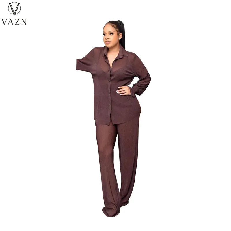 VAZN New 2022 Fashion Casual Street Style Women Suit Long Sleeve Lapel Shirt Elastic Long Pants Pure Color Two Piece Set