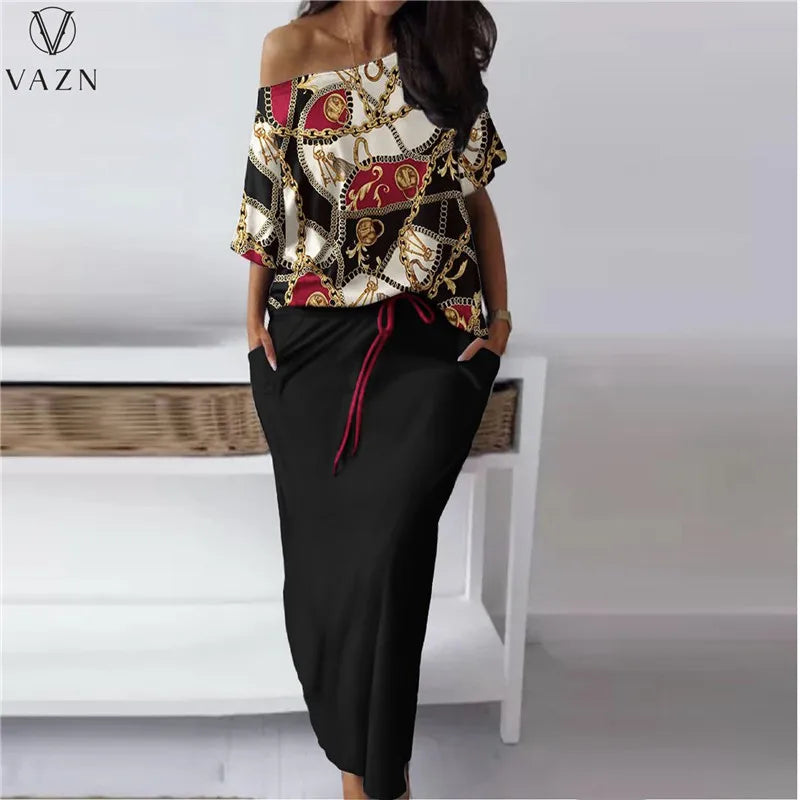 VAZN 2023 Hot Sale Street Girl Style Women Sets Short Sleeve Card Shoulder Top Elastic Floor Length Skirt Lady Printed Two Piece