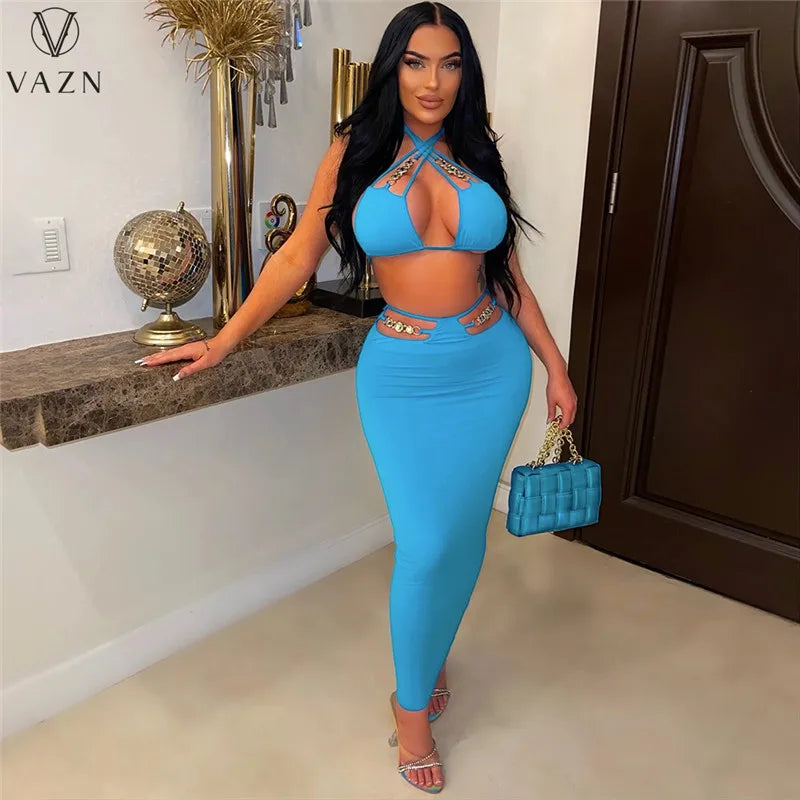 VAZN 2023 Hot Sale Sexy Street Style Women Sets Sleeveless Deep V Short Top Elastic Floor Length Skirt Pure Color Lady Sets