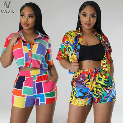 VAZN 2023 Sexy Girl Style Women Sets Short Sleeve Lapel Short Elastic Pockets Short Pants Lady Printed Lady 2 Piece Set