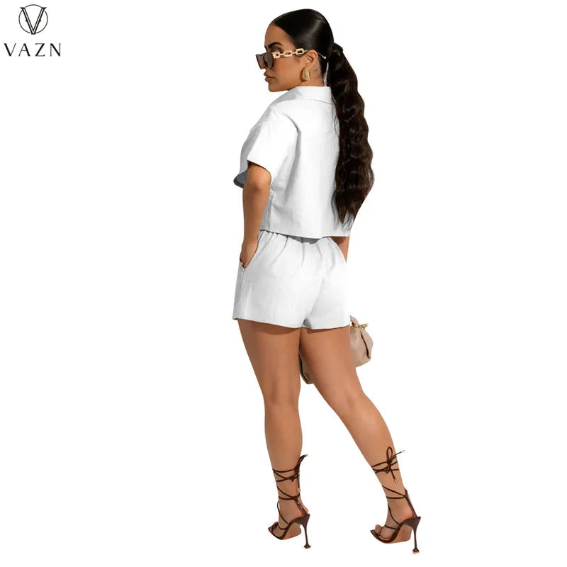 VAZN 2022 New Street Casual Style Women Suit Short Sleeve Single Breasted Shirt Elastic Short Pants Two Piece Set