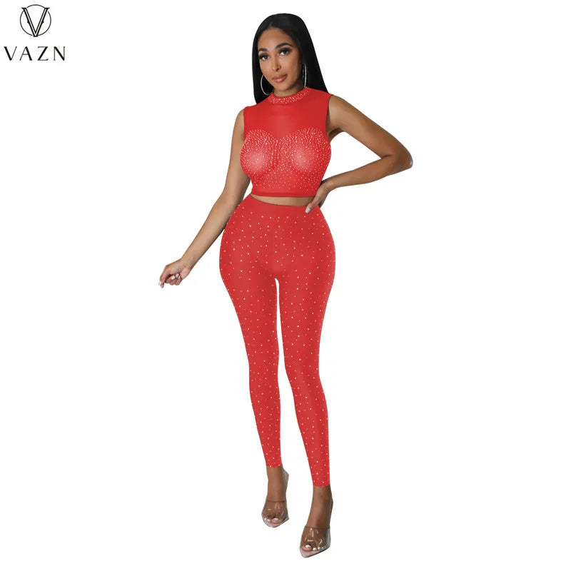 VAZN New 2023 Fashion Sexy Street Style Women Suit Sleeveless Round Neck Short Top Elastic Long Pants Pure Color Two Piece Sets