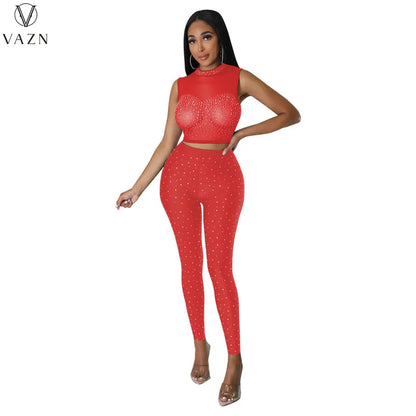 VAZN New 2023 Fashion Sexy Street Style Women Suit Sleeveless Round Neck Short Top Elastic Long Pants Pure Color Two Piece Sets