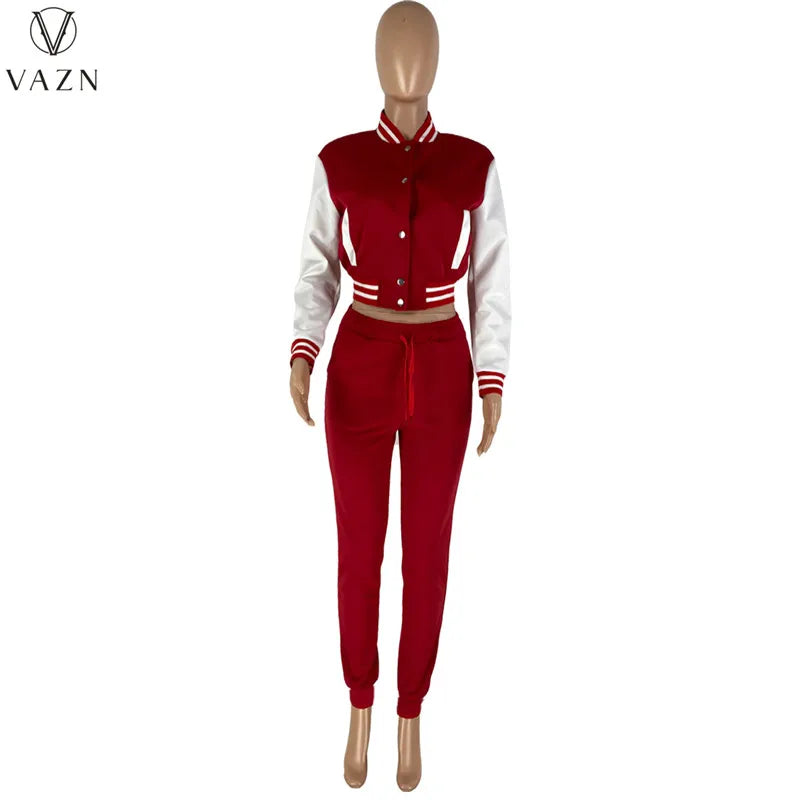 VAZN 2022 Fashion Lady Street Casual Style 2 Piece Sets Long Sleeve Short Top Elastic Long Pants Pure Color Women Suit