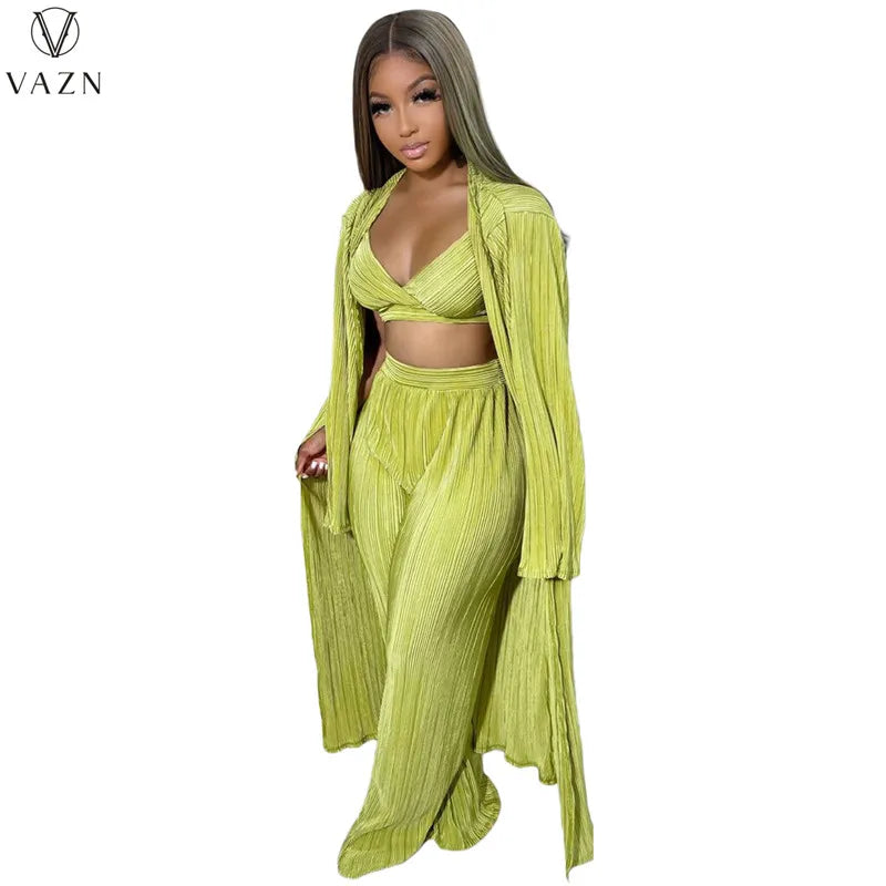 VAZN New 2022 Fashion Casual Street Style Women Suit Long Sleeve Outwear Short Vest Long Pants Pure Color 3 Piece Set