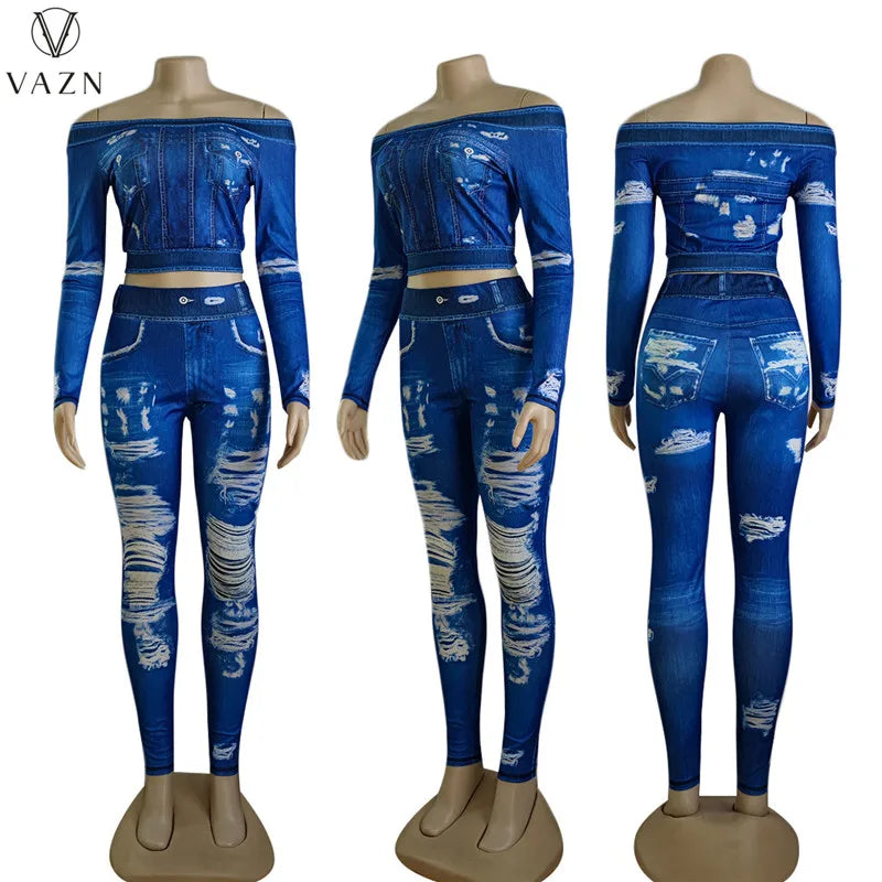 VAZN New 2023 Fashion Street Casual Style Women Suit Long Sleeve Card Shoulder Top Elastic Long Pants Printed Two Piece Sets