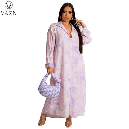 VAZN 2023 Printed Lady Long Dresses Hot Sale Long Sleeve Lapel Dress Street Causal Style Women Floor Length Shirt Dress