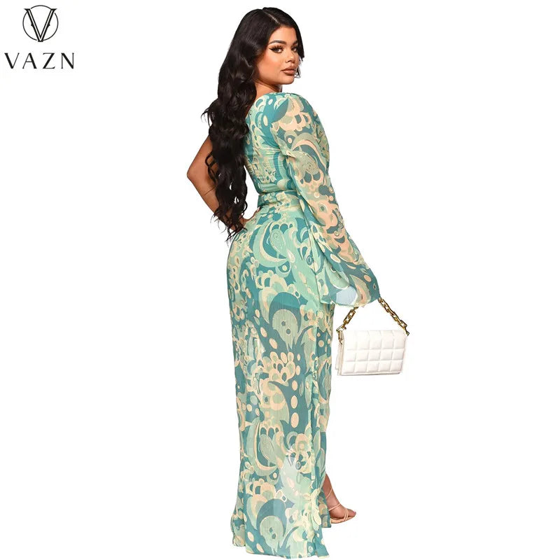 VAZN 2023  Top Quality Retro Print Young Sexy Club Chiffon Full Sleeve One Off Shoulder Women High Waist Long Spit Dress