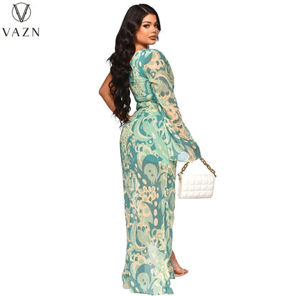 VAZN 2023  Top Quality Retro Print Young Sexy Club Chiffon Full Sleeve One Off Shoulder Women High Waist Long Spit Dress