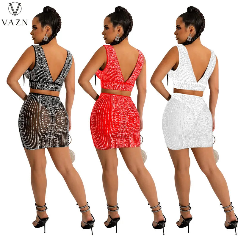 VAZN 2022 Sexy Club Party Style Women Suit Sleeveless Dew Waist Top Elastic Mini Short Skirt Hot Drilling Pure Color 2 Piece Set