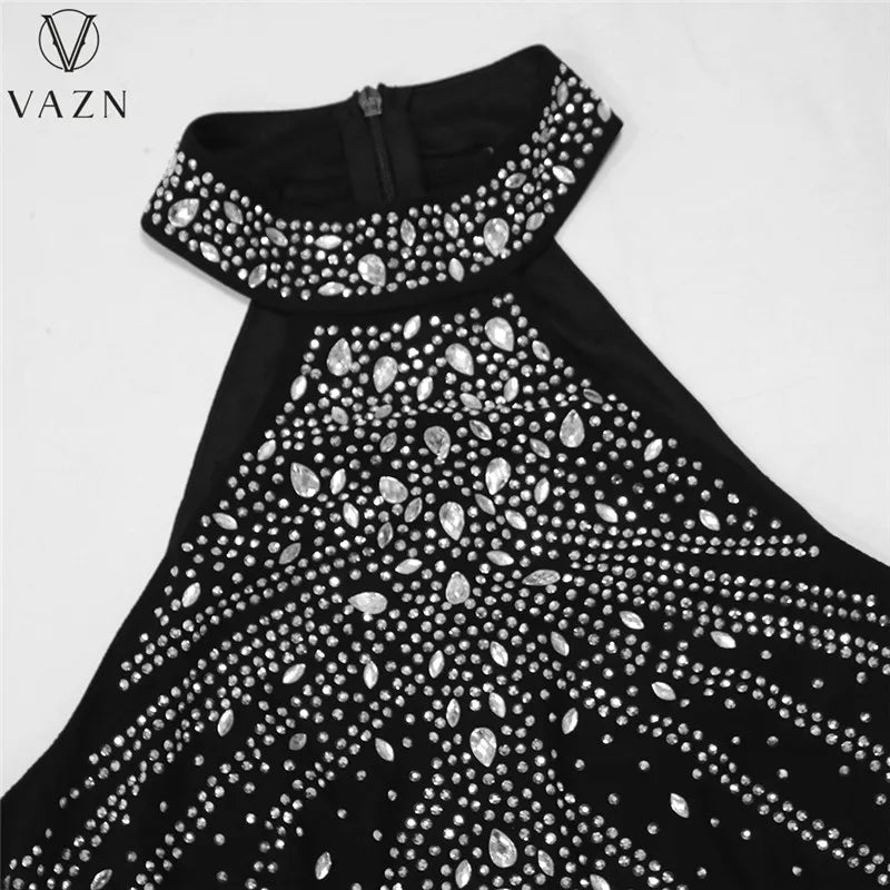 VAZN 2023 New Luxury Designer Solid Lace Sexy Club Hotsweet Diamonds Halter Off Shoulder Tassel High Waist Women Short Dress