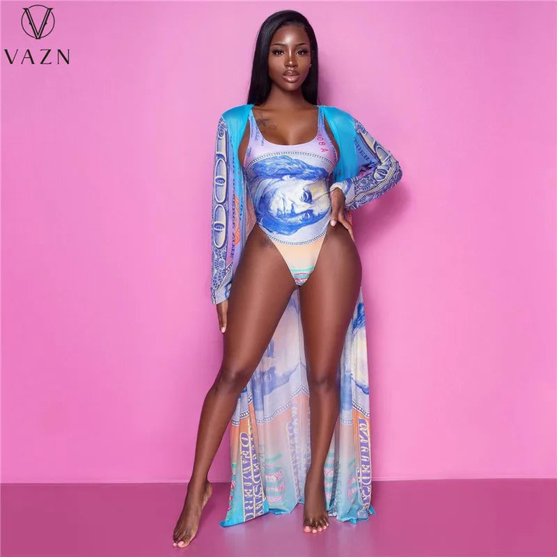 VAZN 2022 Fashion New Women Sexy Beach Style Sets Sleeveless Jumpsuits Short Pants Long Outwear Printed Two Piece Sets