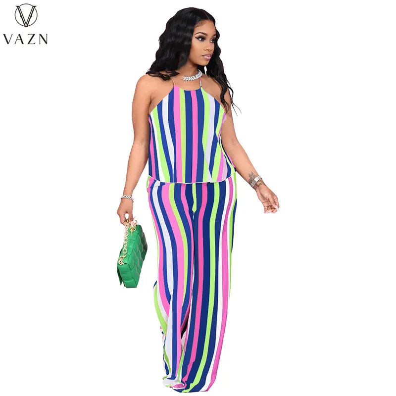 VAZN 2023 New Fashion Casual Street Style 2 Piece Sets sleeveless dew shoulder Top elastic Long Pants Printed Women Set