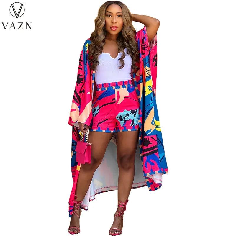 VAZN 2023 Street Casual Style Women Sets Long Sleeve Long Outwear Elastic Short Pants Lady Printed Lady Two Piece Set