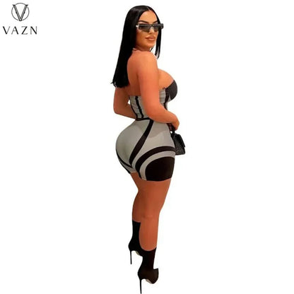 VAZN 2023 Street Girl Style Women Sets Sleeveless Strapless Short Top Elastic Short Pants Lady Printed Lady Two Piece Set