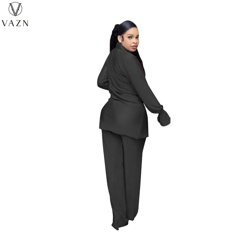 VAZN New 2022 Fashion Casual Street Style Women Suit Long Sleeve Lapel Shirt Elastic Long Pants Pure Color Two Piece Set