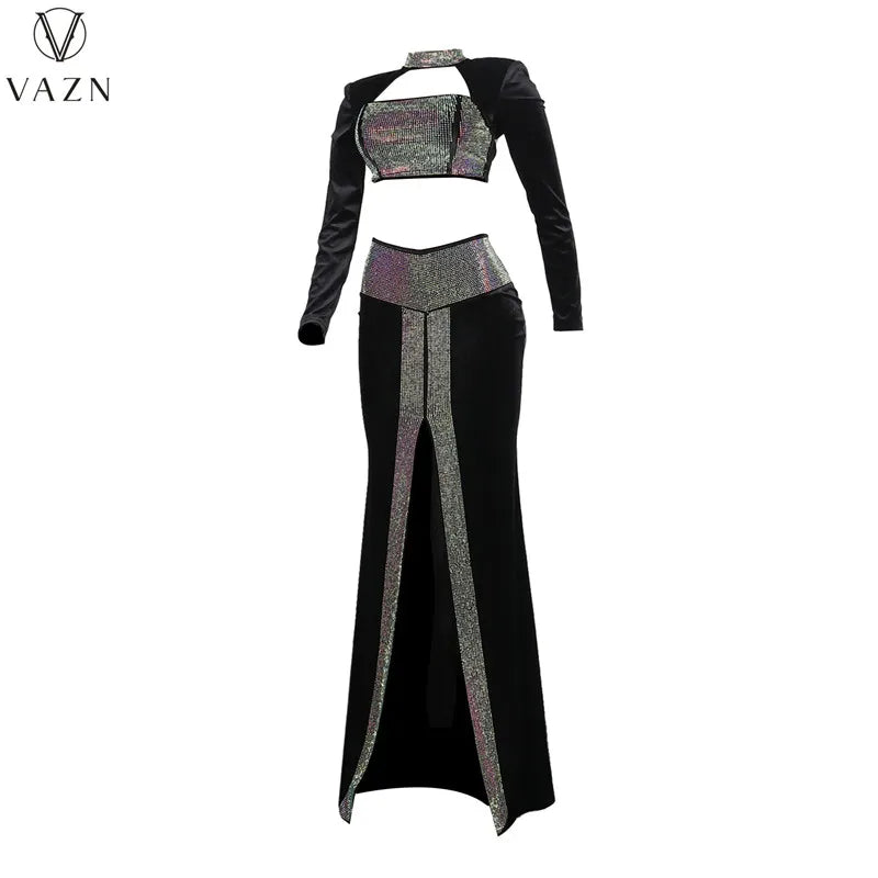 VAZN 2022 Hot Drilling Sexy Club Party Style Women Suit Long Sleeve Dew Waist Top Floor Length Skirt Lady Pure Color 2 Piece Set