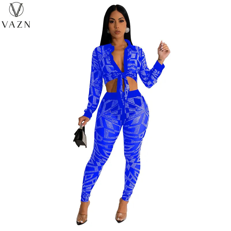 VAZN New 2023 Long Sleeve Lapel Short Top Elastic Long Pants Pure Color Lady Two Piece Set Sexy Street Style Women Suit