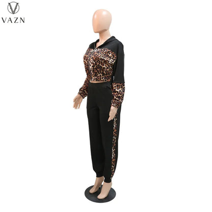 VAZN 2023 New Fashion Lady Casual Street Style 2 Piece Sets Long Sleeve Zipper Top Elastic Long Pants Leopard Grain Women Sets