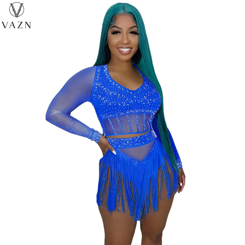 VAZN 2023 Sexy Girl Style Women Sets Long Sleeve Deep V Top Elastic Tassel Short Pants Lady Pure Color Lady Two Piece Set