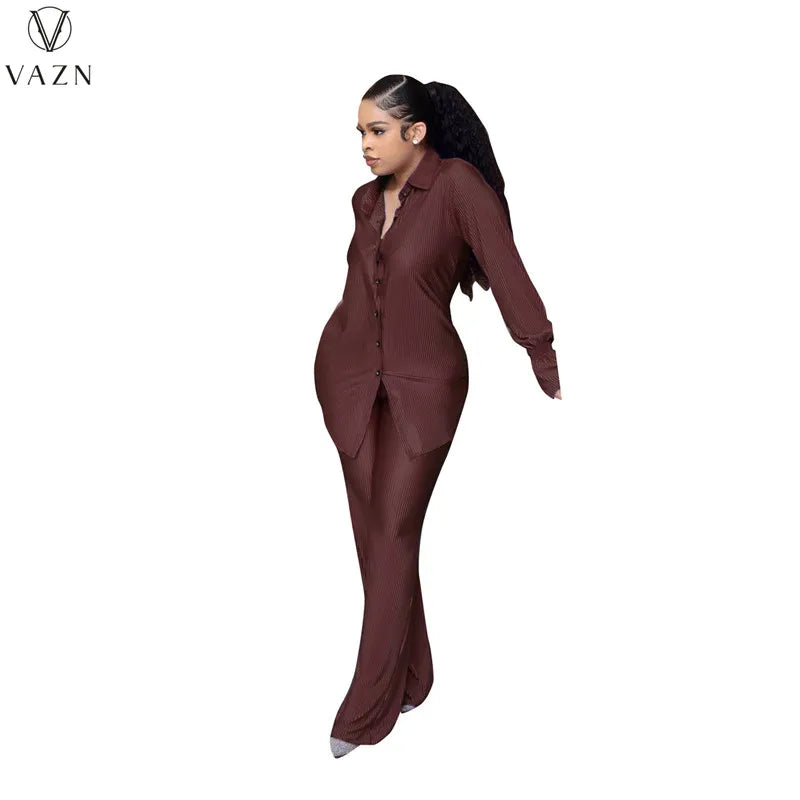 VAZN New 2022 Fashion Casual Street Style Women Suit Long Sleeve Lapel Shirt Elastic Long Pants Pure Color Two Piece Set