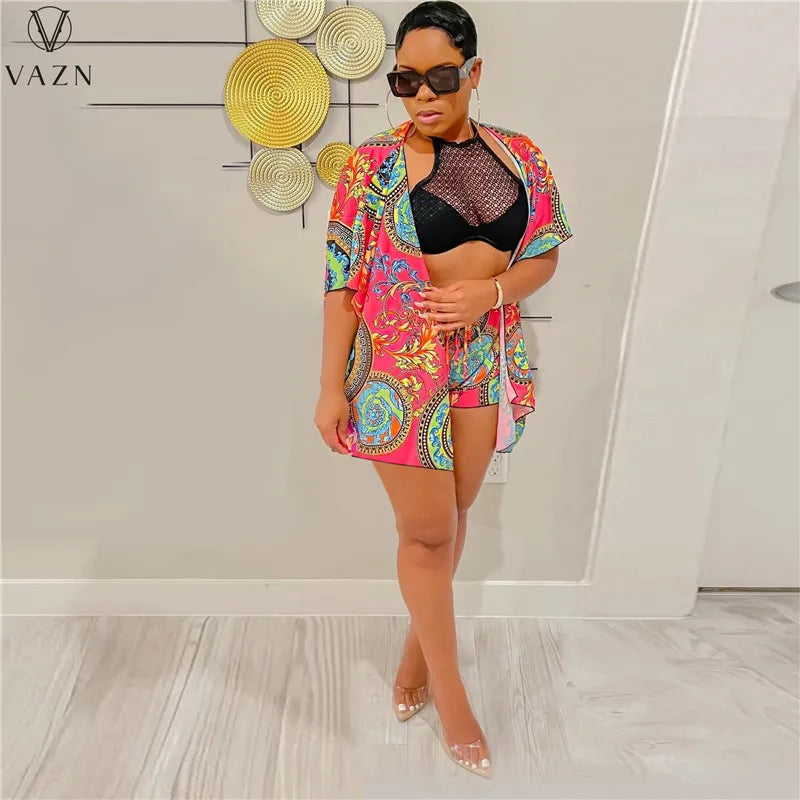 VAZN 2022 Women Sexy Holiday Style Sets Short Sleeve Outwear Elastic Short Pants Printed Lady Two Piece Set