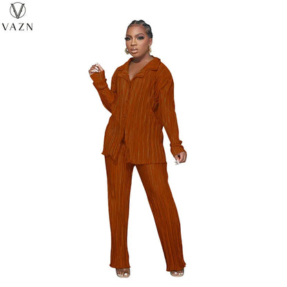 VAZN New 2022 Fashion Street Casual Style Women Suit Long Sleeve Lapel Shirt Elastic Long Pants Pure Color Two Piece Set