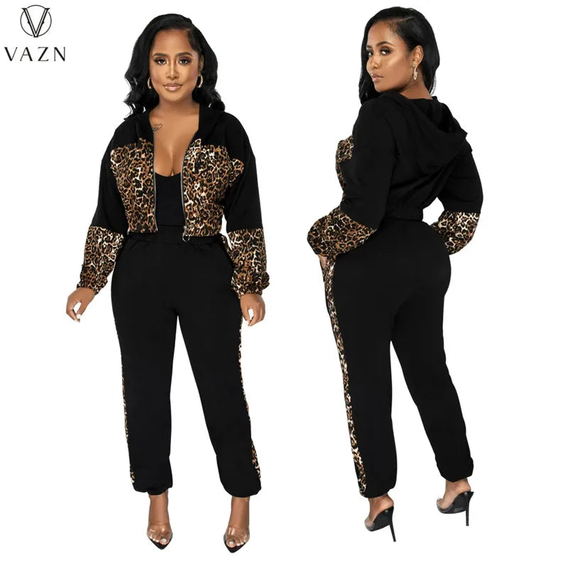 VAZN 2023 New Fashion Lady Casual Street Style 2 Piece Sets Long Sleeve Zipper Top Elastic Long Pants Leopard Grain Women Sets