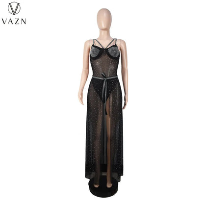 VAZN 2022 Sexy Club Party Style Women Suit Sleeveless Jumpsuits Elastic Floor Length Skirt Pure Color Two Piece Set