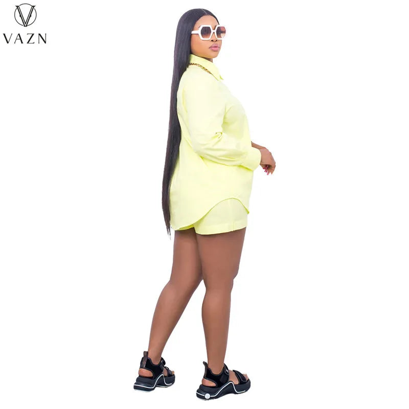 VAZN New 2022 Ladies Spring Fashion Street Girl Style Women Suit Long Sleeve Lapel Shirt Elastic Short Pants Pure Color Set