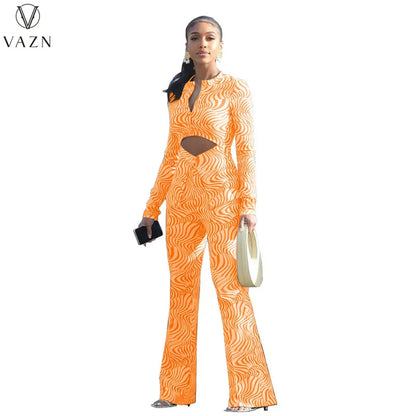 VAZN New 2022 Fashion Casual Street Style Women Suit Long Sleeve Hollow Out Top Elastic Long Pants Printed Lady Two Piece Set