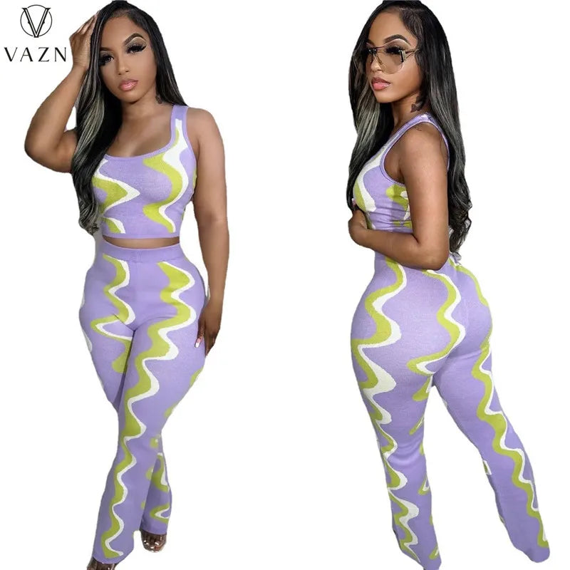 VAZN 2023 New Fashion Sexy Street Style 2 Piece Sets Sleeveless round neck short top Elastic Long Pants Printed Women Set