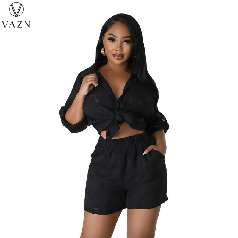 VAZN 2023 Street Casual Style Women Sets Long Sleeve Lapel Shirt Elastic Pockets Short Pants Lady Pure Color Lady Two Piece Set