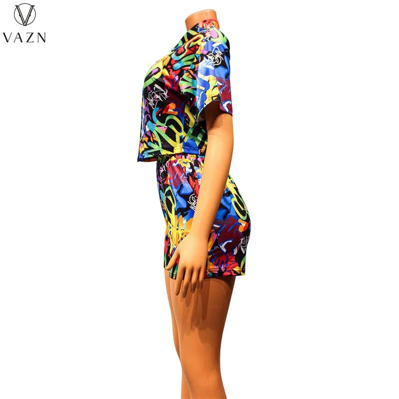 VAZN 2023 Sexy Girl Style Women Sets Short Sleeve Lapel Short Elastic Pockets Short Pants Lady Printed Lady 2 Piece Set