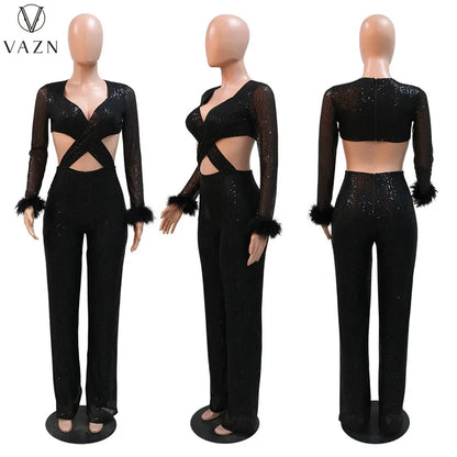 VAZN New 2023 Fashion Sexy Street Style Women Suit Long SleeveV Neck Short Top Elastic Long Pants Pure Color Two Piece Sets