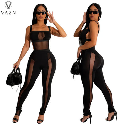 VAZN 2023 New Fashion Sexy Street Style 2 Piece Sets Sleeveless Jumpsuits Elastic Long Pants Pure Color Women Set