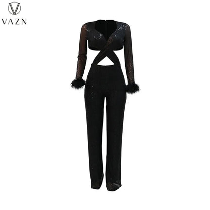 VAZN New 2023 Fashion Sexy Street Style Women Suit Long SleeveV Neck Short Top Elastic Long Pants Pure Color Two Piece Sets