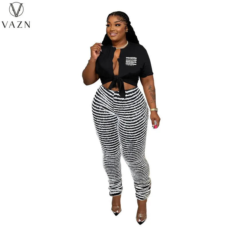 VAZN New 2023 Short Sleeve Deep V Short Top Elastic Long Pants Printed  Lady 2 Piece Set Sexy Street Style Women Suit