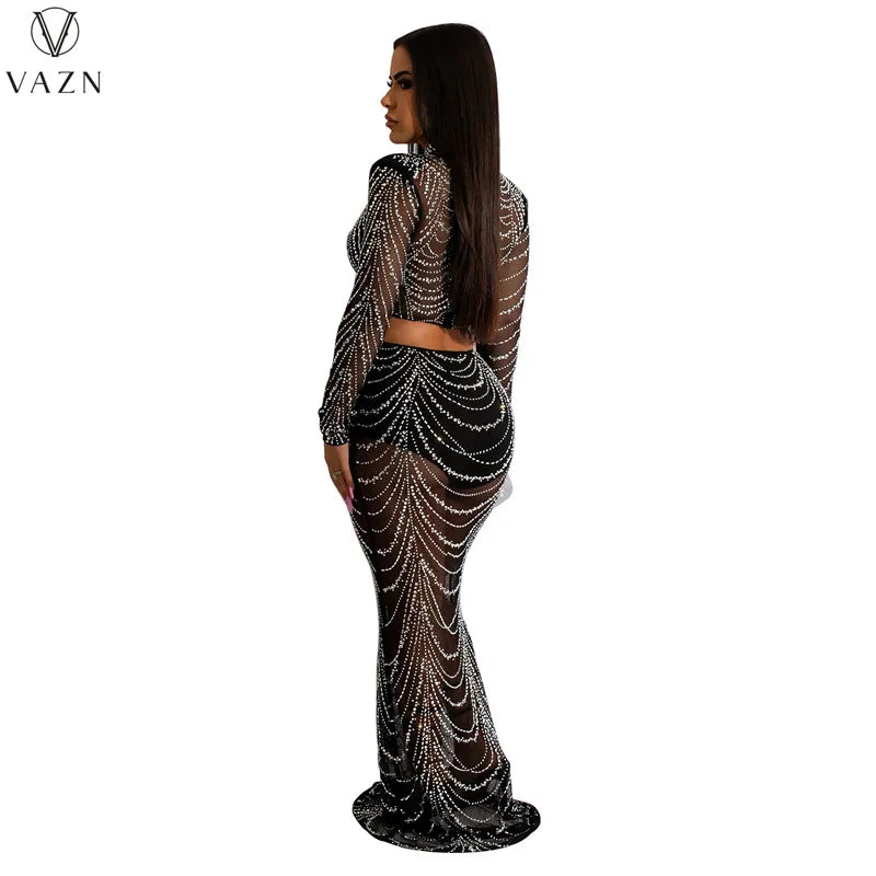 VAZN 2023 Hot Sale High Street Style Women Sets Long Sleeve Round Neck Short Top Elastic Floor Length Skirt Lady 2 Piece Sets