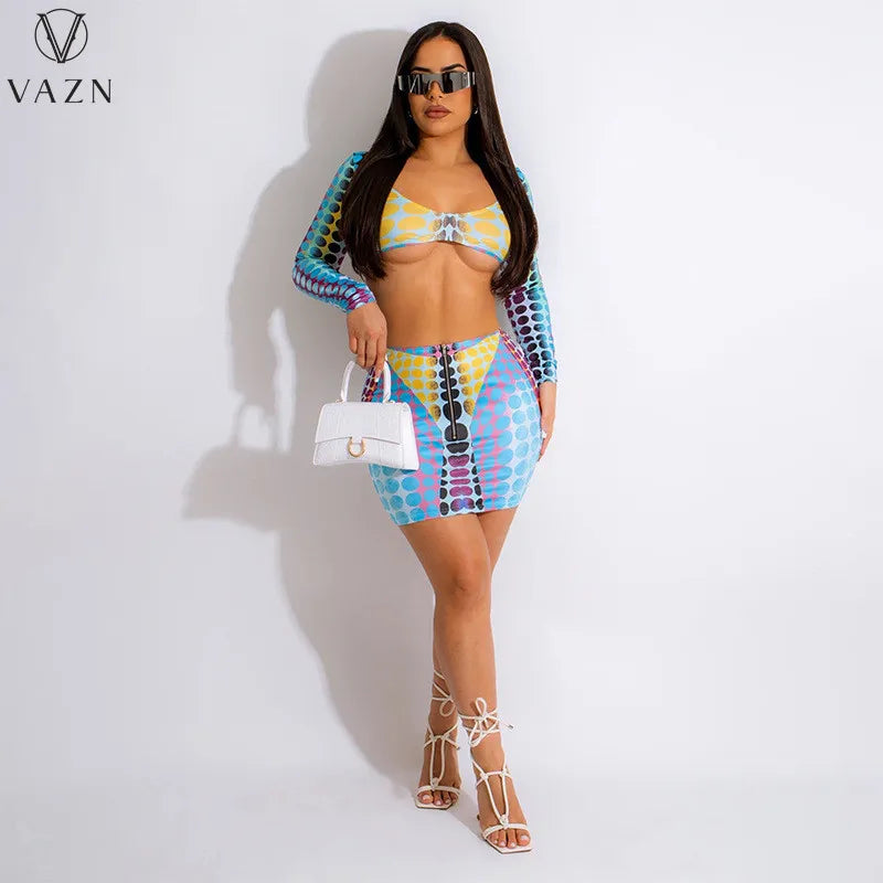 VAZN 2023 Hot Sale Sexy Street Style Women Sets Long Sleeve Deep V Short Top Elastic Mini Short Skirt Printed Lady Sets