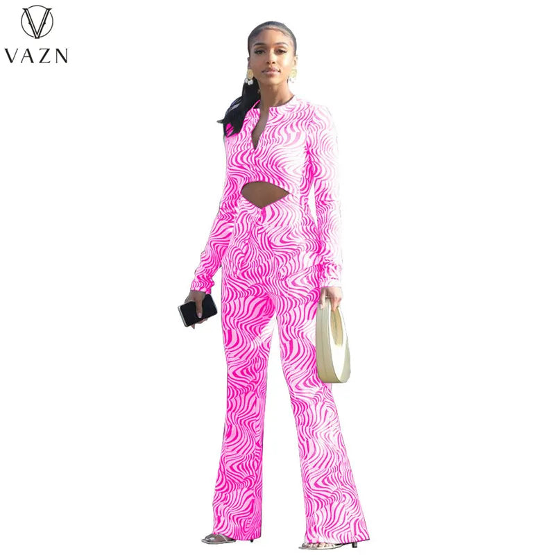 VAZN New 2022 Fashion Casual Street Style Women Suit Long Sleeve Hollow Out Top Elastic Long Pants Printed Lady Two Piece Set